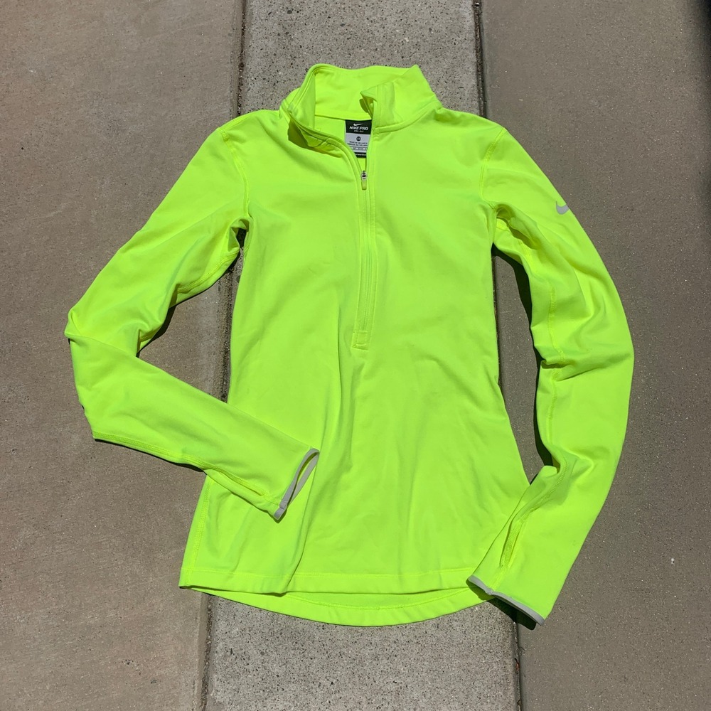 Nike Dri-FIT quarter-zip running pullover, reflective neon yellow, thumbholes XS